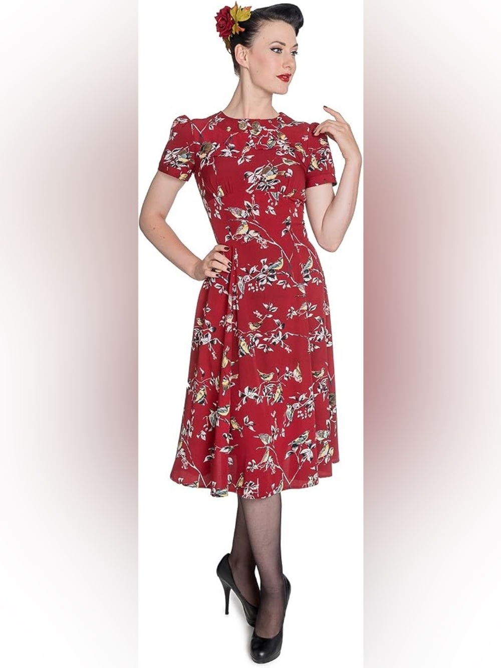 Hell Bunny Vixen Retro Red Fit & Flare Pleated High Waist Bird Theme, Size Small
